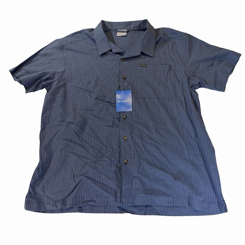 Columbia Shirt Men's Size XL Blue Striped Linen Blend Short Sleeve Sachs Harbour